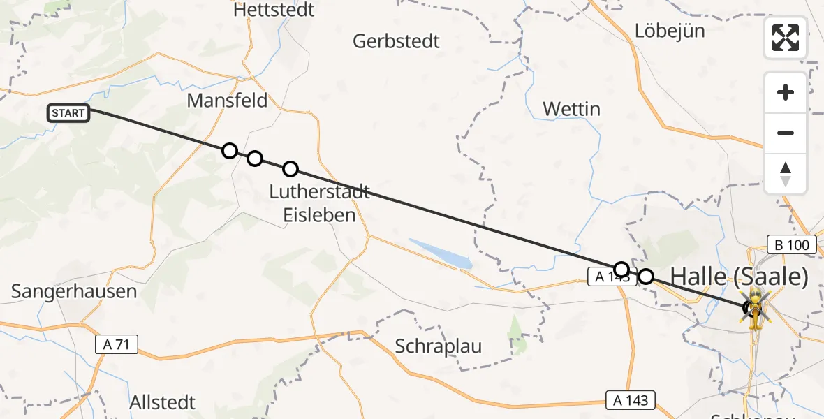 Flugroute Rettungshubschrauber Mansfeld - BG Hospital Bergmannstrost Halle, 23 Mai 2026, 16:57