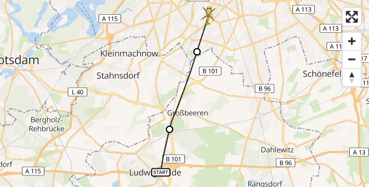 Flugroute Rettungshubschrauber Ludwigsfelde - Berlin, 23 Mai 2026, 17:00