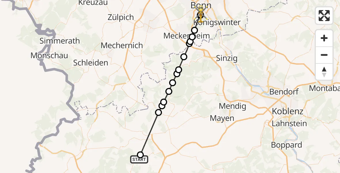 Flugroute Rettungshubschrauber Oberstadtfeld - Bonn University Hospital, 23 Mai 2026, 17:02