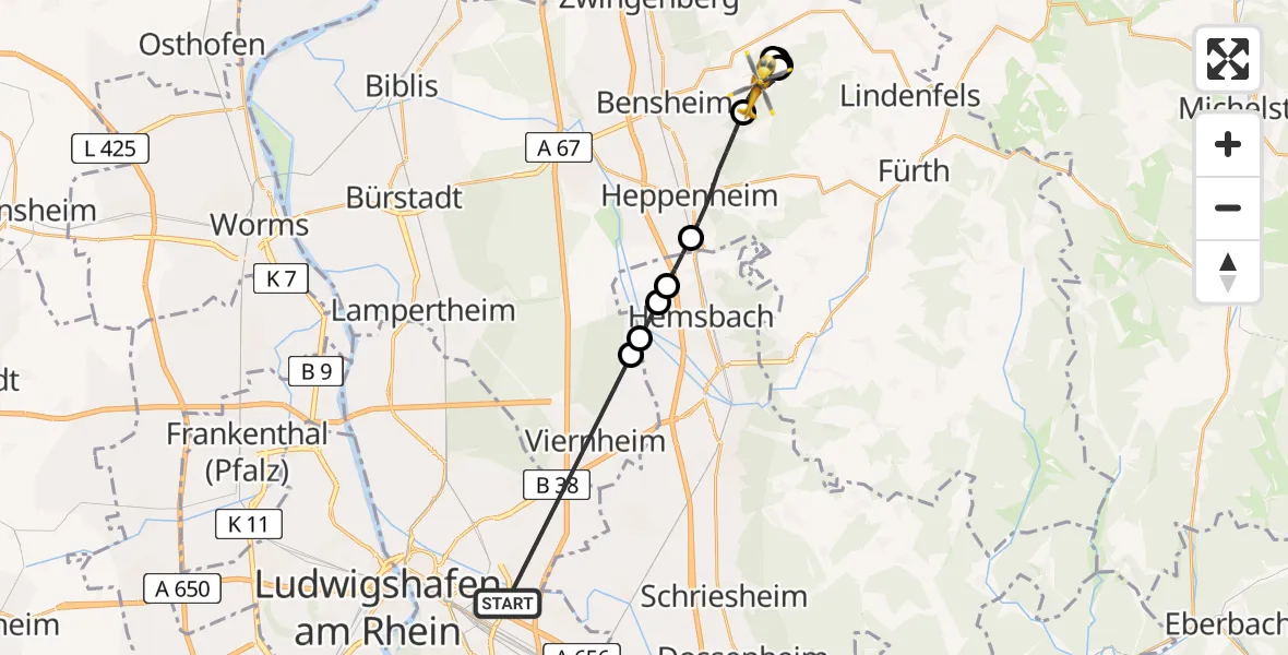 Flugroute Rettungshubschrauber Mannheim-City Flughafen - Bensheim, 23 Mai 2026, 17:04