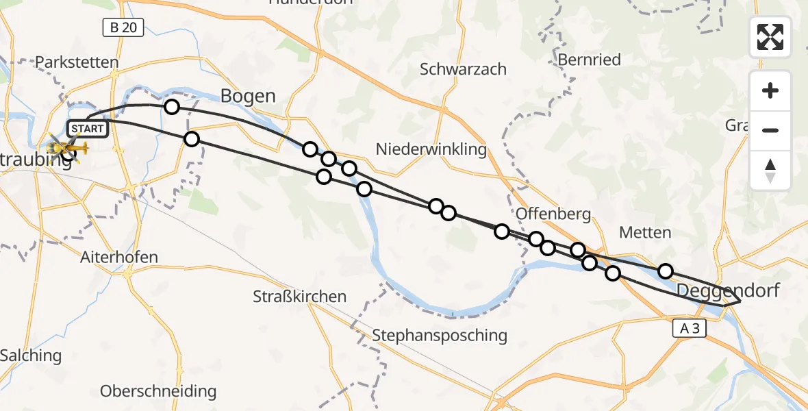 Flugroute Rettungshubschrauber Straubing - Sankt Elisabeth Hospital Straubing, 23 Mai 2026, 17:08