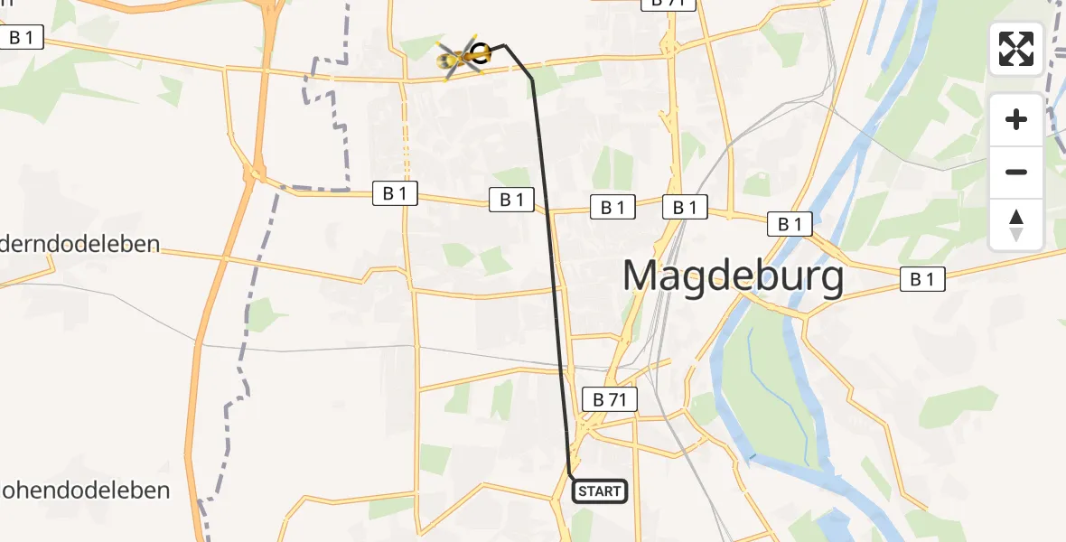 Flugroute Rettungshubschrauber Magdeburg - Magdeburg Hospital, 23 Mai 2026, 17:09
