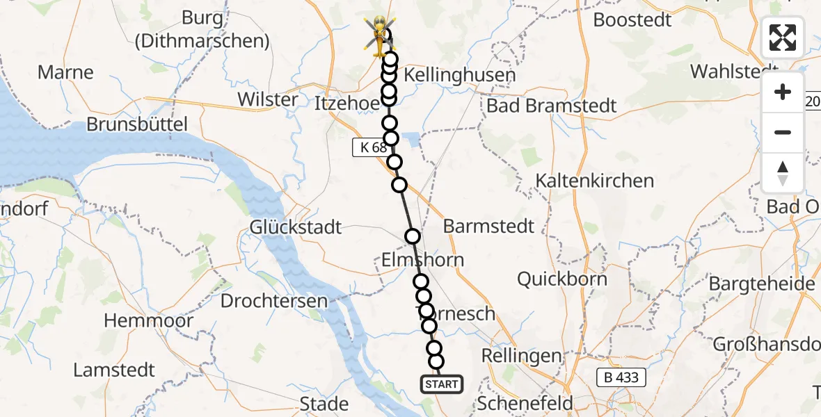 Flugroute Rettungshubschrauber Holm - Itzehoe Hungriger Wolf Flugplatz, 23 Mai 2026, 17:10