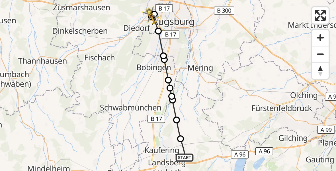 Flugroute Rettungshubschrauber Penzing - Neusäß, 23 Mai 2026, 17:10