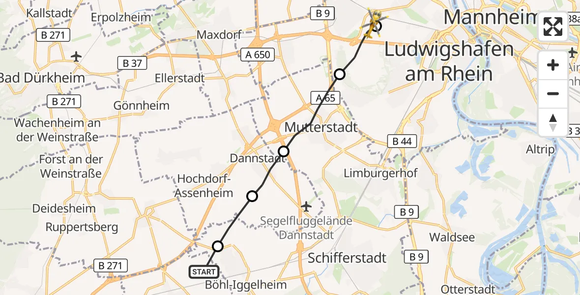 Flugroute Rettungshubschrauber Haßloch - Ludwigshafen Accident Hospital, 23 Mai 2026, 17:23