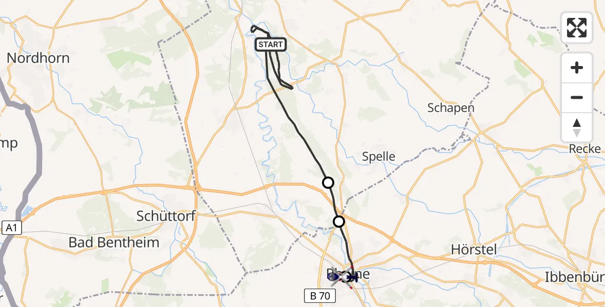 Flugroute Polizeihubschrauber Emsbüren - ADAC Luftrettungsstation Rheine Hubschrauberlandeplatz (Christoph Europa 2), 23 Mai 2026, 17:25