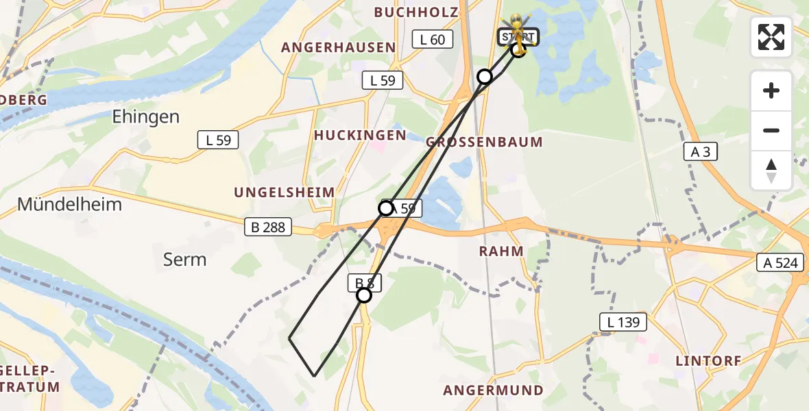 Flugroute Rettungshubschrauber Duisburg Air Rescue Hubschrauberlandeplatz (Christoph 9) - Duisburg Air Rescue Hubschrauberlandeplatz (Christoph 9), 23 Mai 2026, 17:26