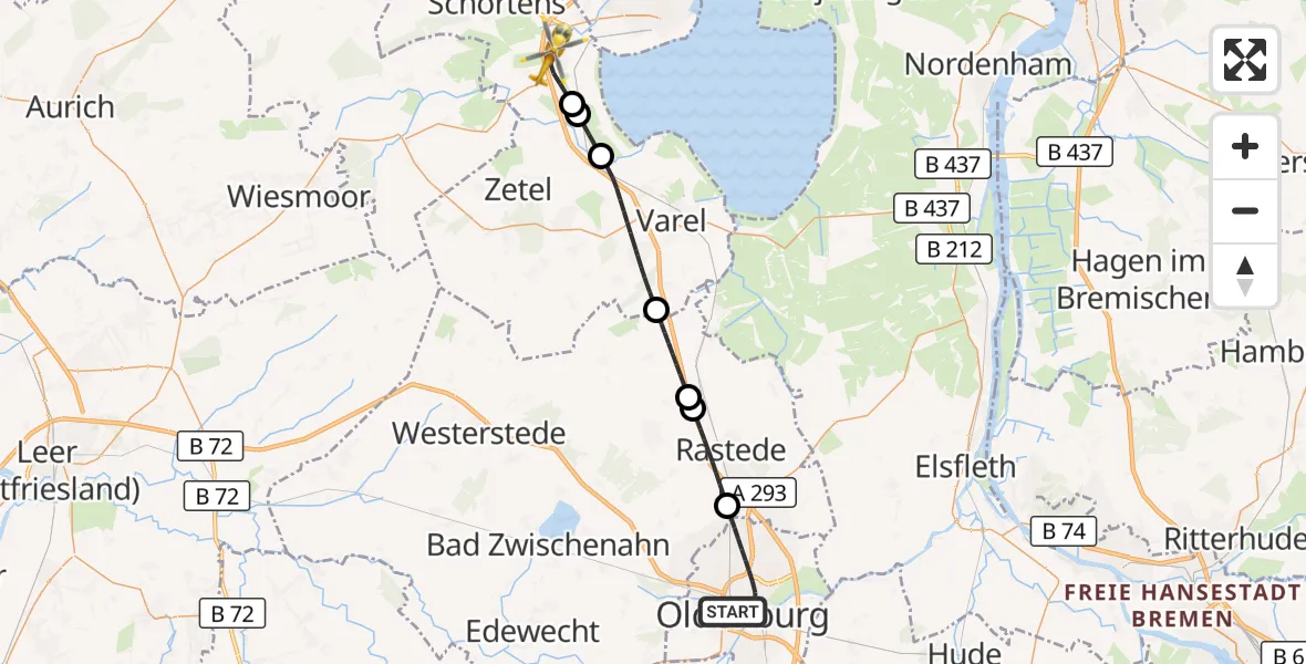 Flugroute Rettungshubschrauber Oldenburg (Oldb) - Sande, 23 Mai 2026, 17:28