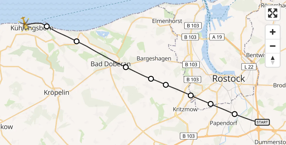 Flugroute Ambulanzhubschrauber Dummerstorf - Kühlungsborn, 23 Mai 2026, 17:28