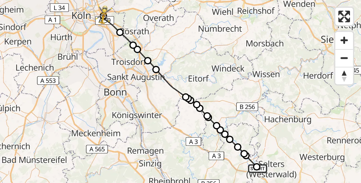 Flugroute Rettungshubschrauber Sessenhausen - Merheim Hospital, 23 Mai 2026, 17:30