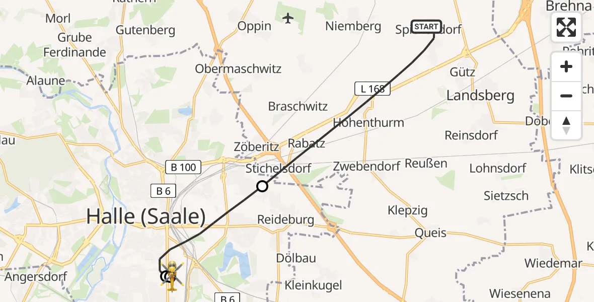 Flugroute Rettungshubschrauber Landsberg - BG Hospital Bergmannstrost Halle, 23 Mai 2026, 17:32