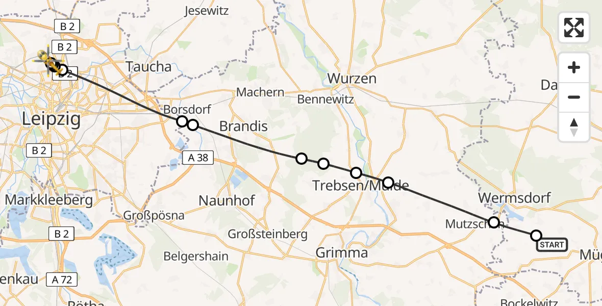 Flugroute Rettungshubschrauber Mügeln - Sankt Georg Hospital Leipzig Reserve, 23 Mai 2026, 17:36