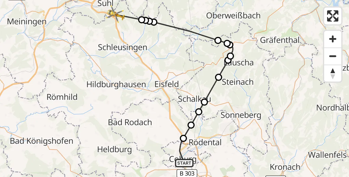 Flugroute Rettungshubschrauber Coburg - Schleusingen, 23 Mai 2026, 17:40