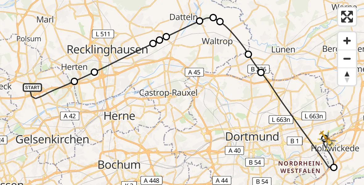 Flugroute Rettungshubschrauber Gelsenkirchen - Dortmund Flughafen, 23 Mai 2026, 17:40