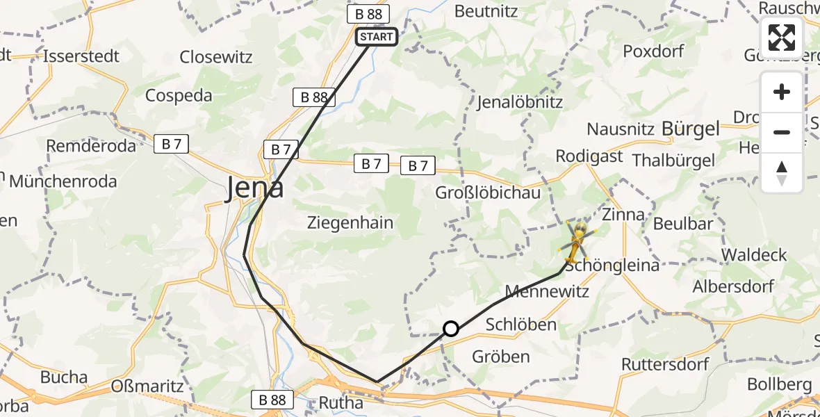 Flugroute Rettungshubschrauber Jena - Jena-Schöngleina Flugplatz, 23 Mai 2026, 17:42