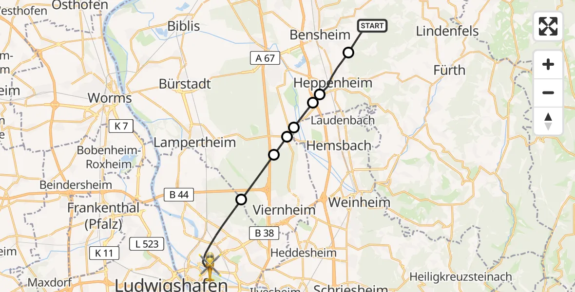 Flugroute Rettungshubschrauber Bensheim - Mannheim, 23 Mai 2026, 17:43