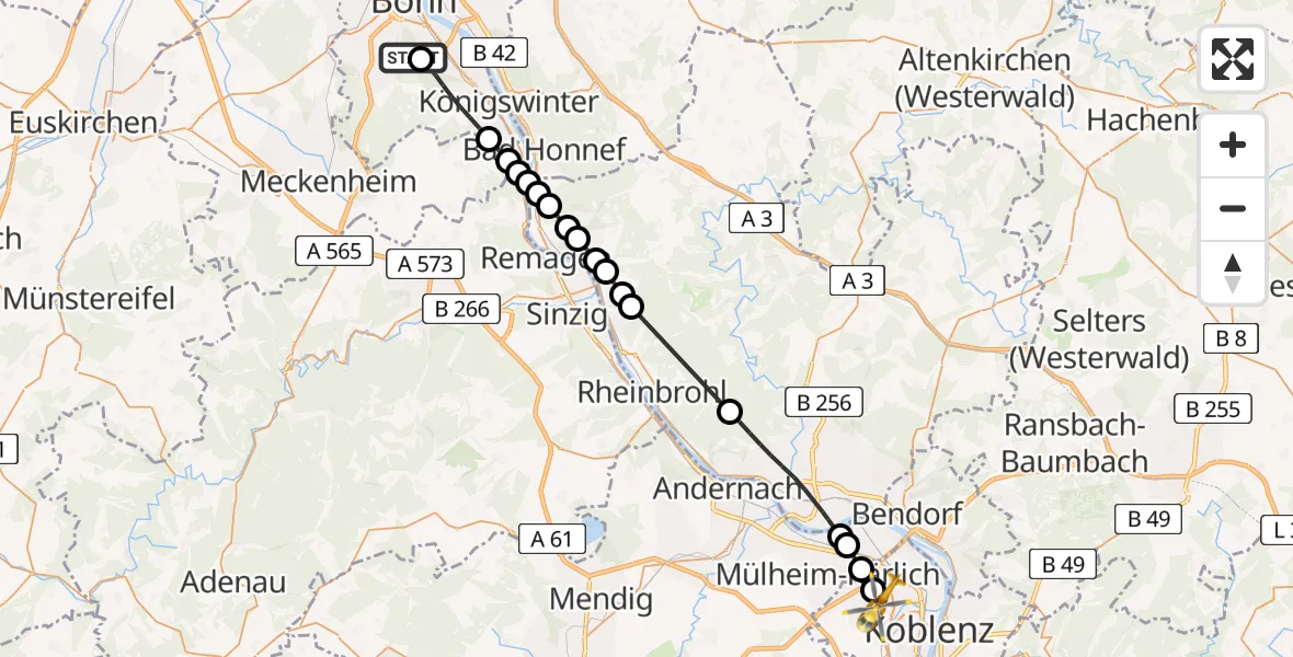 Flugroute Rettungshubschrauber Bonn University Hospital - Koblenz, 23 Mai 2026, 17:45