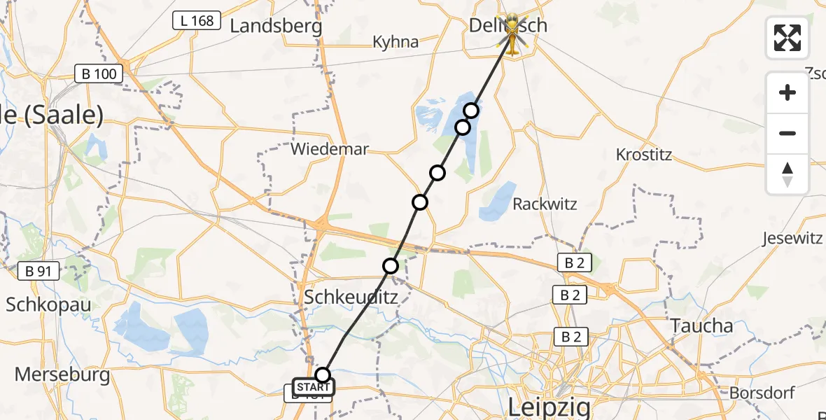Flugroute Rettungshubschrauber ADAC Air Rescue Station Leipzig/Schkeuditz-Dölzig Hubschrauberlandeplatz (Christoph 61) - Delitzsch, 23 Mai 2026, 17:48