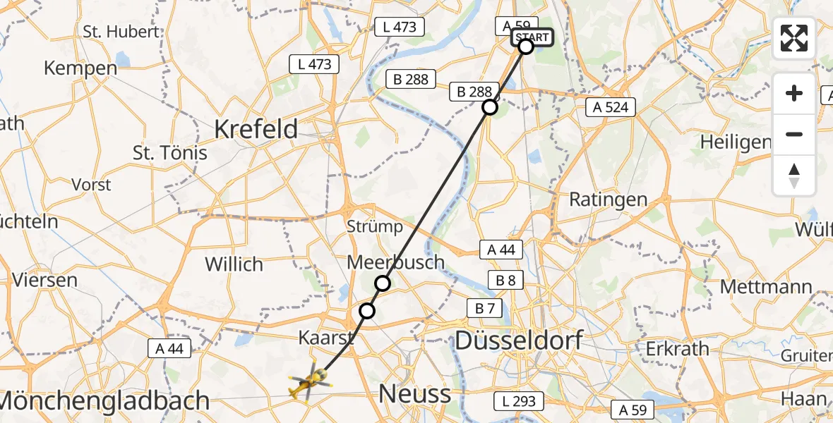 Flugroute Rettungshubschrauber Duisburg Air Rescue Hubschrauberlandeplatz (Christoph 9) - Kaarst, 23 Mai 2026, 17:49