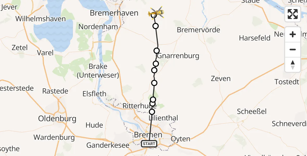 Flugroute Rettungshubschrauber Bremen - Geestland, 23 Mai 2026, 17:52