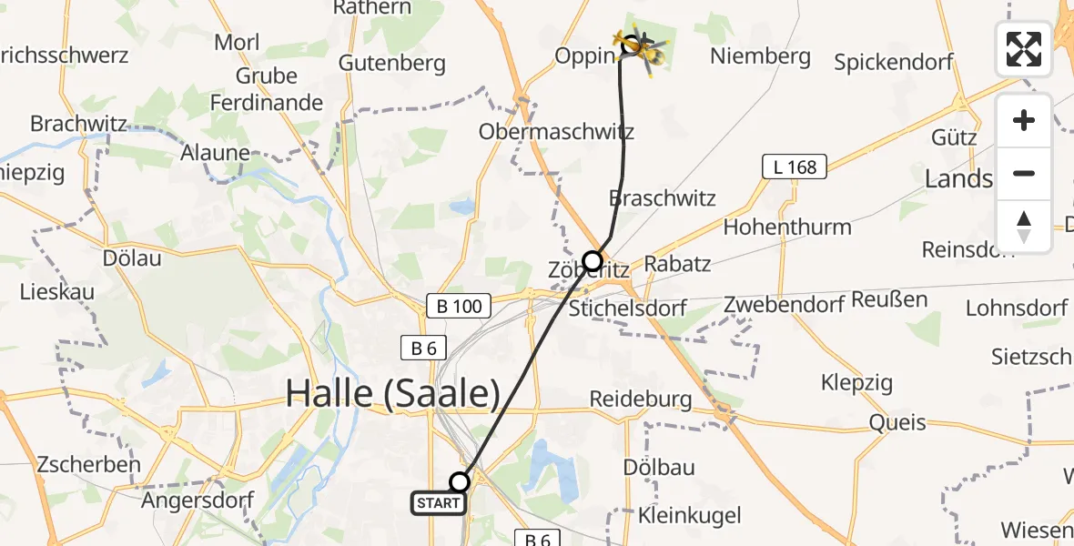Flugroute Rettungshubschrauber BG Hospital Bergmannstrost Halle - Halle-Oppin Flugplatz, 23 Mai 2026, 17:55