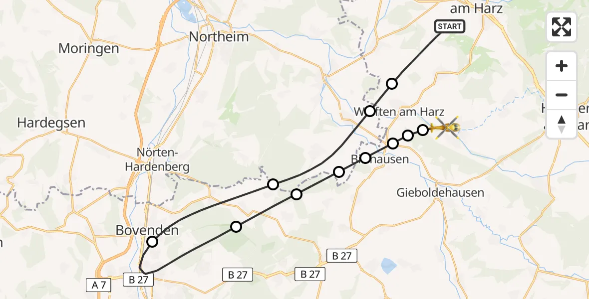 Flugroute Rettungshubschrauber Osterode am Harz - Hattorf am Harz, 23 Mai 2026, 17:55