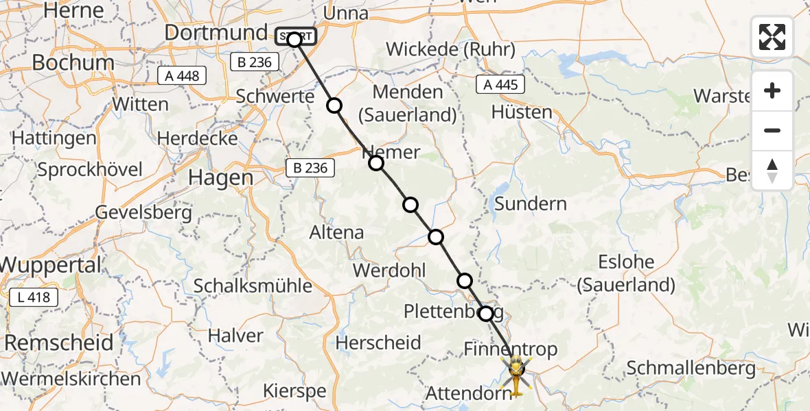 Flugroute Rettungshubschrauber Dortmund Flughafen - Attendorn, 23 Mai 2026, 17:59