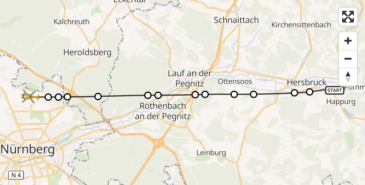 Flugroute Ambulanzhubschrauber Happurg - Flughafen Nuremberg, 23 Mai 2026, 18:00