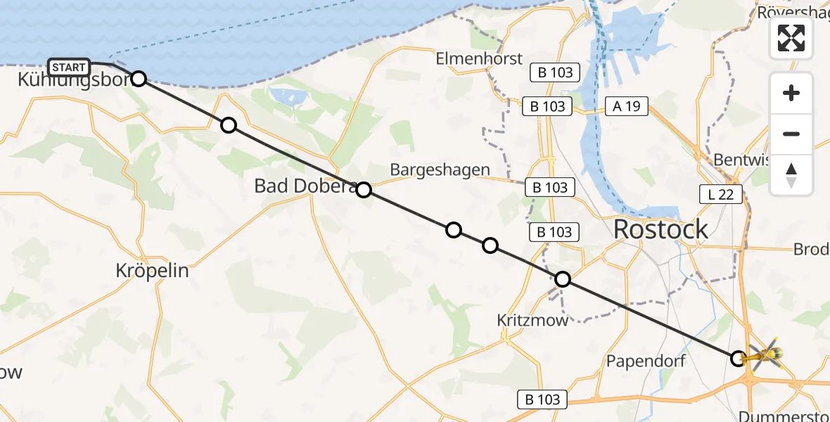Flugroute Ambulanzhubschrauber Kühlungsborn - Dummerstorf, 23 Mai 2026, 18:01