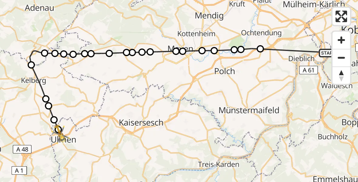 Flugroute Ambulanzhubschrauber Koblenz-Winningen Flugplatz - Ulmen, 23 Mai 2026, 18:06