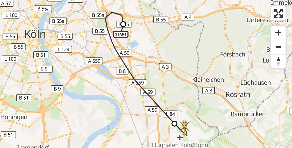 Flugroute Rettungshubschrauber Merheim Hospital - Köln Bonn Flughafen, 23 Mai 2026, 18:12