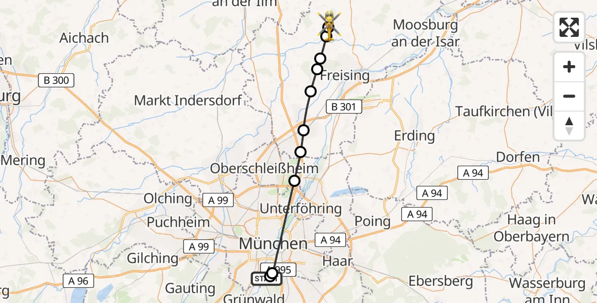 Flugroute Rettungshubschrauber ADAC Air Rescue Center Hubschrauberlandeplatz (Christoph 1) - Wolfersdorf, 23 Mai 2026, 18:14
