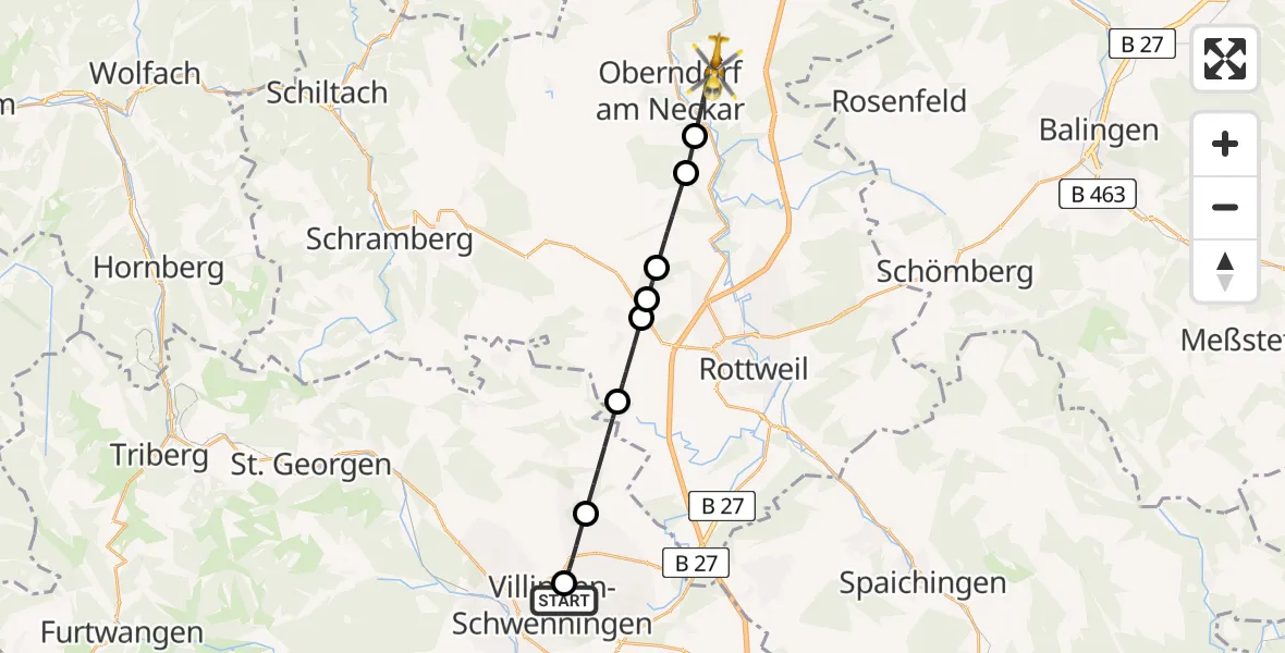 Flugroute Ambulanzhubschrauber DRF Air Rescue Station Villingen-Schwenningen Hubschrauberlandeplatz (Christoph 11) - Oberndorf am Neckar, 23 Mai 2026, 18:17