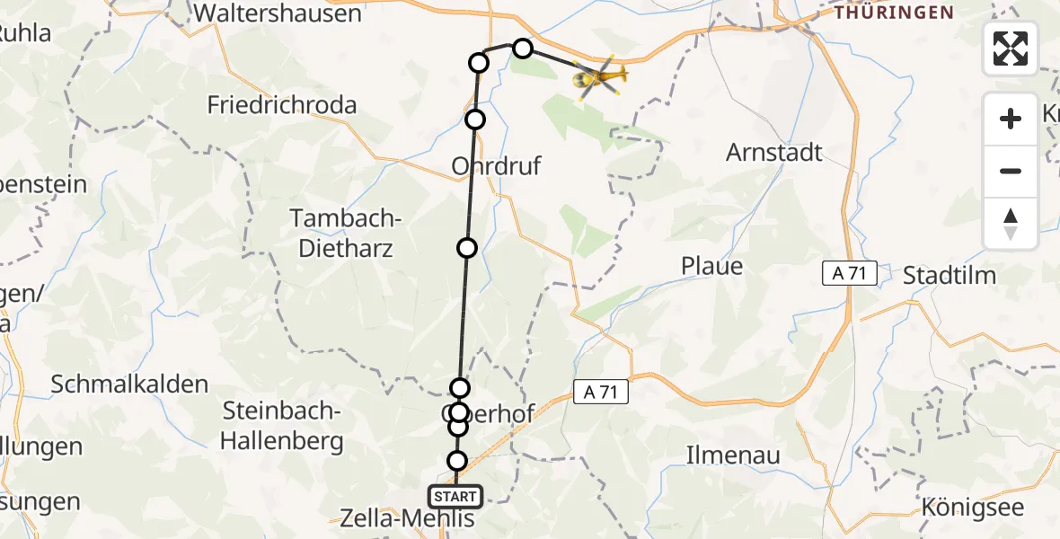 Flugroute Rettungshubschrauber Zella-Mehlis - Drei Gleichen, 23 Mai 2026, 18:17