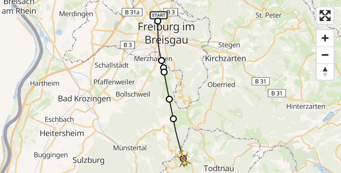 Flugroute Rettungshubschrauber Freiburg im Breisgau Flugplatz - Wieden, 23 Mai 2026, 18:18