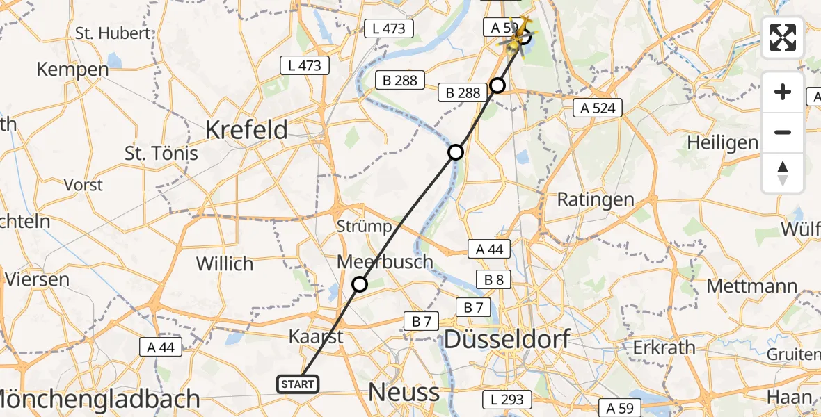 Flugroute Rettungshubschrauber Kaarst - Duisburg Air Rescue Hubschrauberlandeplatz (Christoph 9), 23 Mai 2026, 18:19