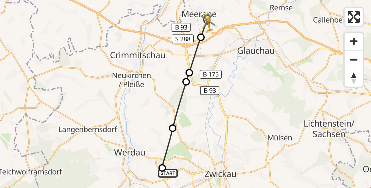Flugroute Rettungshubschrauber ADAC Air Rescue Station Zwickau Hubschrauberlandeplatz - Meerane, 23 Mai 2026, 18:21