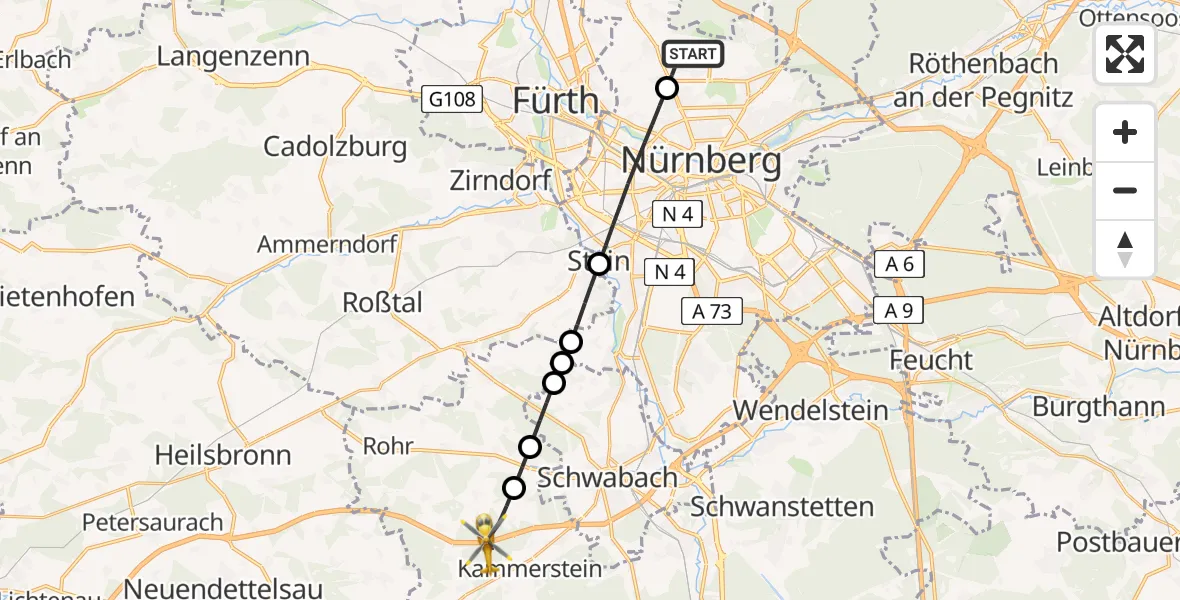 Flugroute Ambulanzhubschrauber Flughafen Nuremberg - Kammerstein, 23 Mai 2026, 18:25