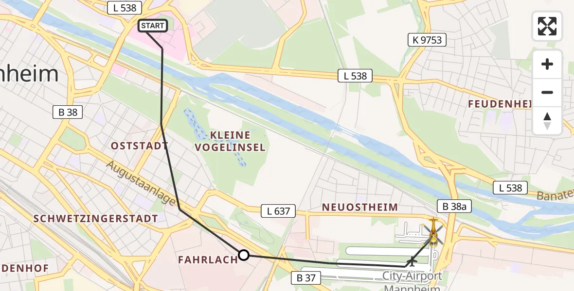 Flugroute Rettungshubschrauber Mannheim - Mannheim-City Flughafen, 23 Mai 2026, 18:26