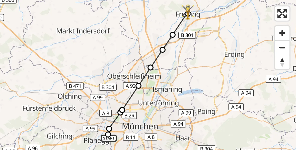 Flugroute Rettungshubschrauber DRF Air Rescue München Hubschrauberlandeplatz - Freising Clinic Hubschrauberlandeplatz, 23 Mai 2026, 18:28