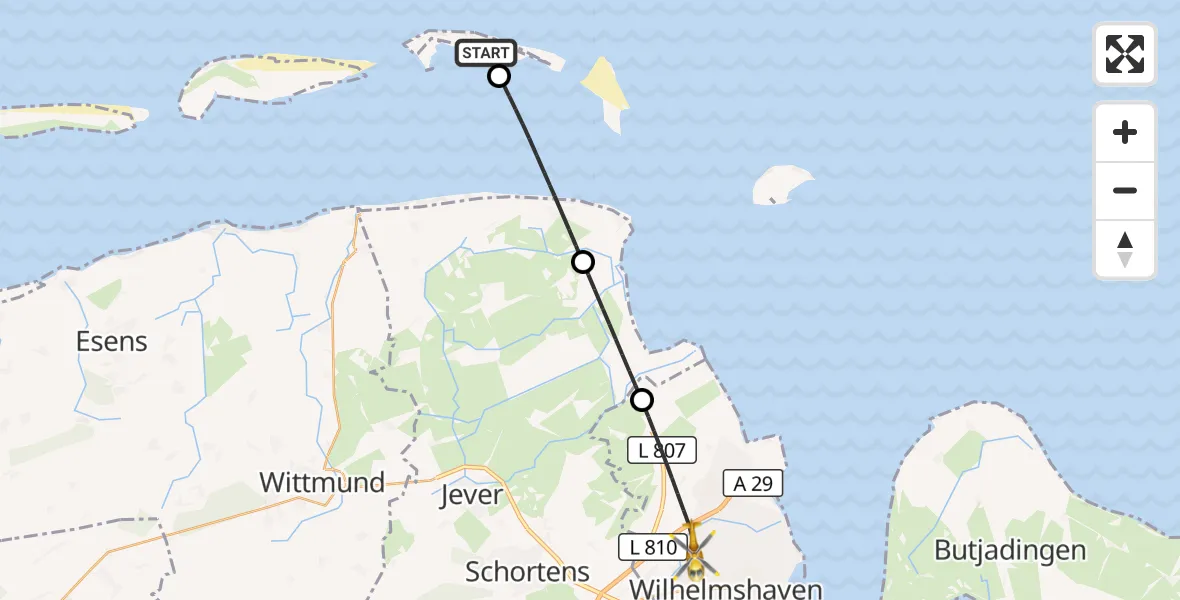 Flugroute Rettungshubschrauber Wangerooge Flughafen - Wilhelmshaven, 23 Mai 2026, 18:30