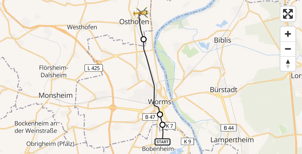 Flugroute Rettungshubschrauber Bobenheim-Roxheim - Osthofen, 23 Mai 2026, 18:31