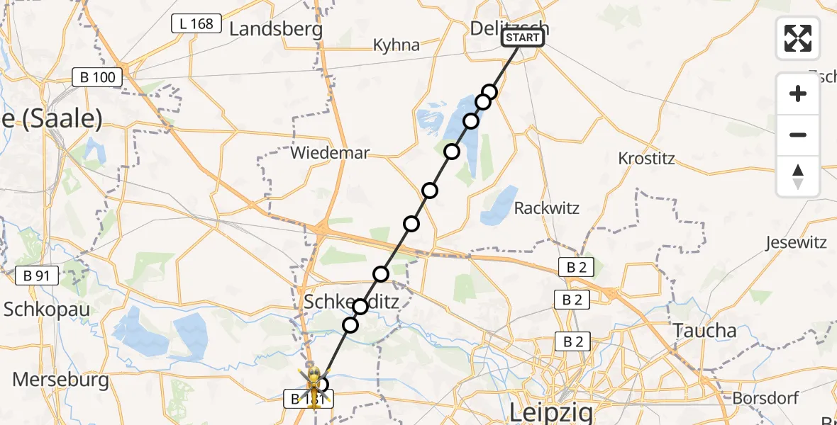 Flugroute Rettungshubschrauber Delitzsch - ADAC Air Rescue Station Leipzig/Schkeuditz-Dölzig Hubschrauberlandeplatz (Christoph 61), 23 Mai 2026, 18:36