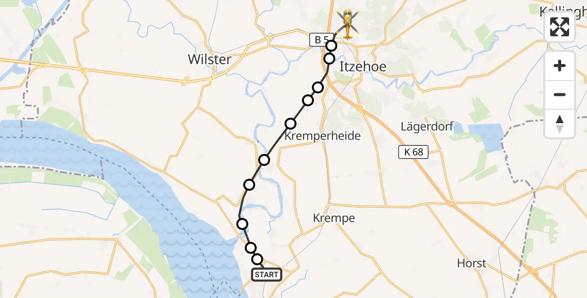 Flugroute Rettungshubschrauber Glückstadt - Itzehoe, 23 Mai 2026, 18:37