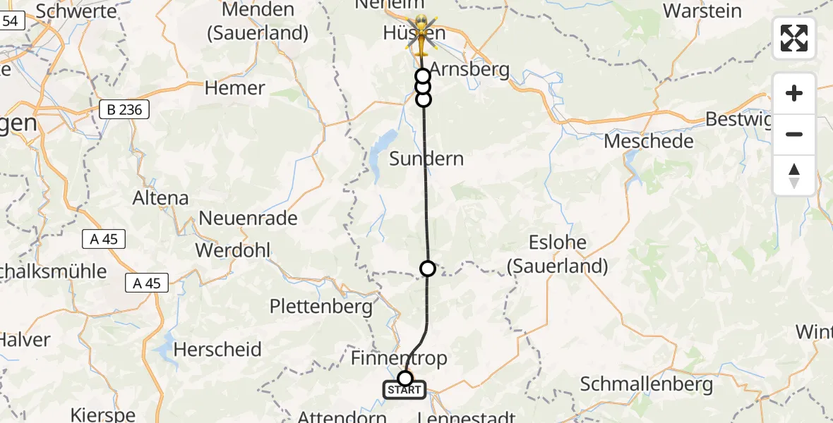 Flugroute Rettungshubschrauber Attendorn - Arnsberg, 23 Mai 2026, 18:39