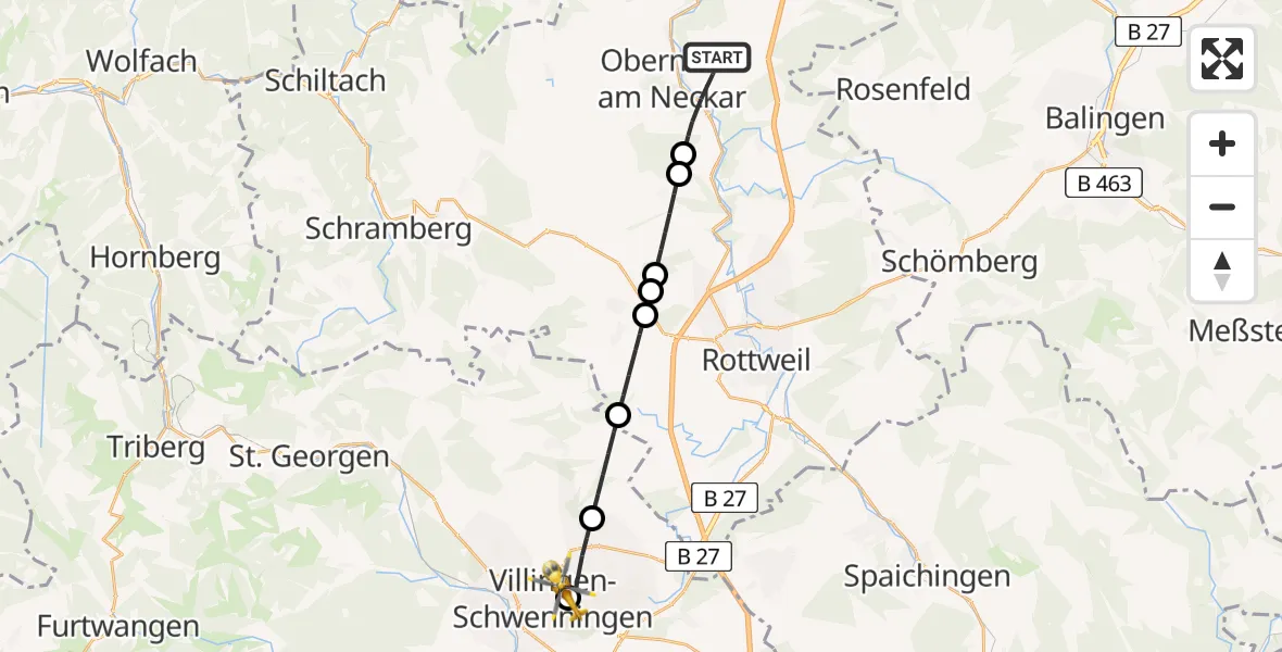 Flugroute Ambulanzhubschrauber Oberndorf am Neckar - DRF Air Rescue Station Villingen-Schwenningen Hubschrauberlandeplatz (Christoph 11), 23 Mai 2026, 18:54