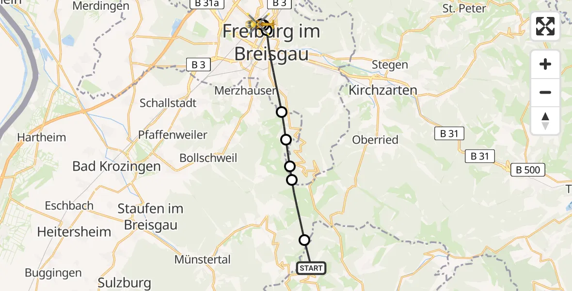 Flugroute Rettungshubschrauber Wieden - Freiburg University Hospital Heliport 1, 23 Mai 2026, 18:57