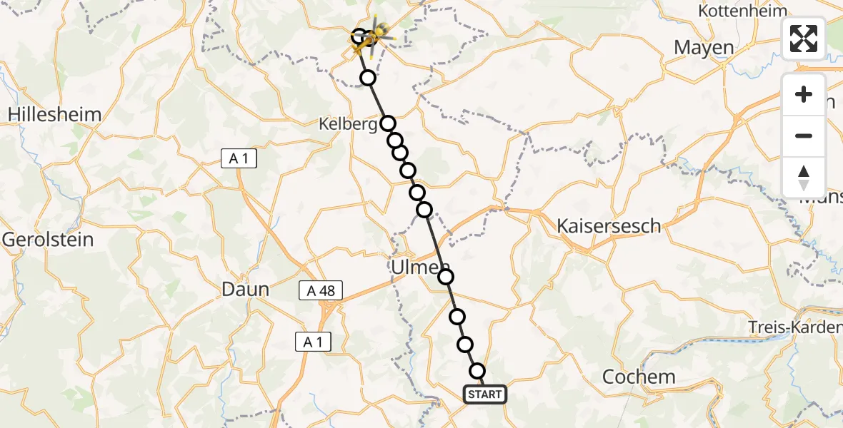 Flugroute Ambulanzhubschrauber Lutzerath - Nürburgring Hubschrauberlandeplatz, 23 Mai 2026, 19:00