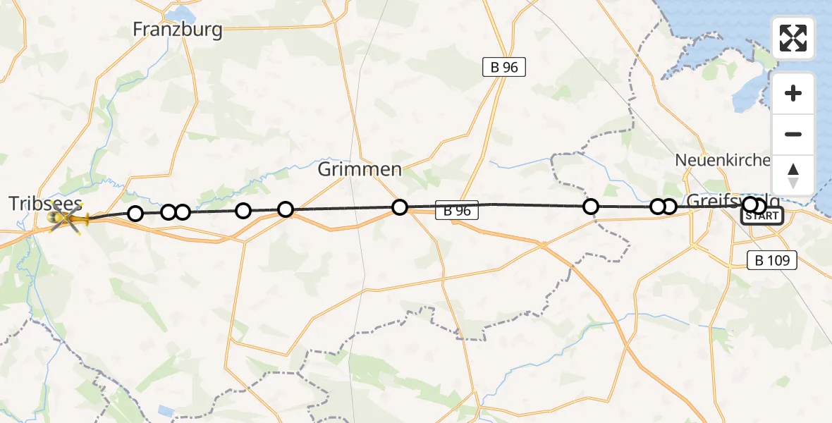 Flugroute Rettungshubschrauber Greifswald Hospital - Tribsees, 23 Mai 2026, 19:02