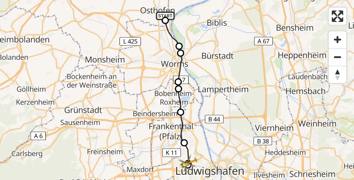 Flugroute Rettungshubschrauber Osthofen - Ludwigshafen am Rhein, 23 Mai 2026, 19:02